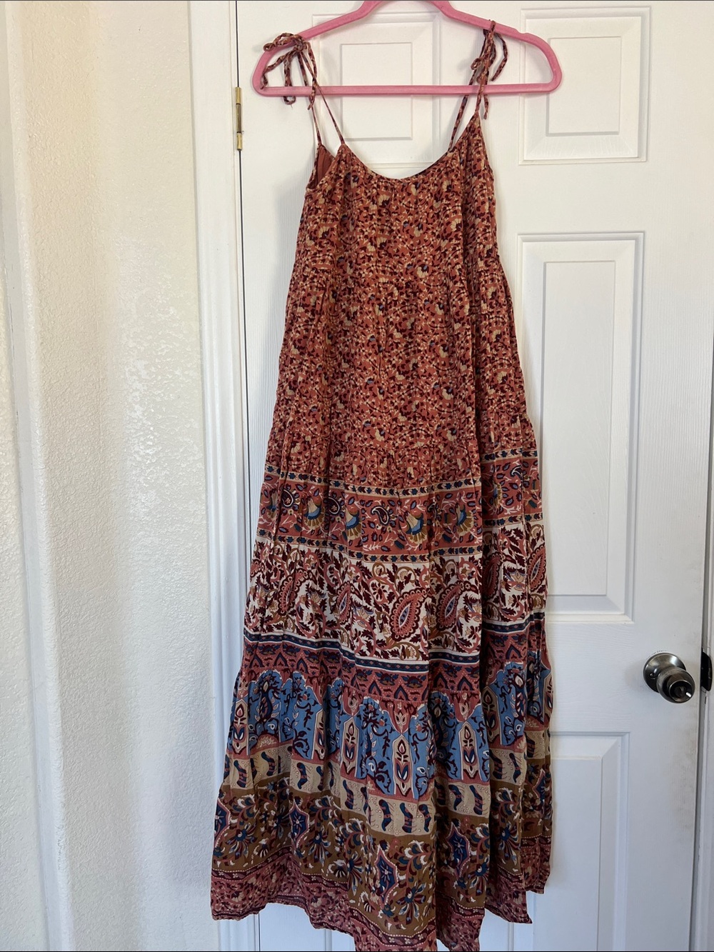 Rust Floral Sleeveless Maxi Dress with Blue Tiered Border
